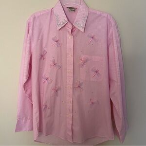 Las Olas Pink White Gingham Checked Blouse w/ 3D Dragonflies